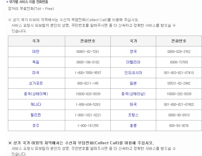 국가별 서비스 이용 전화번호